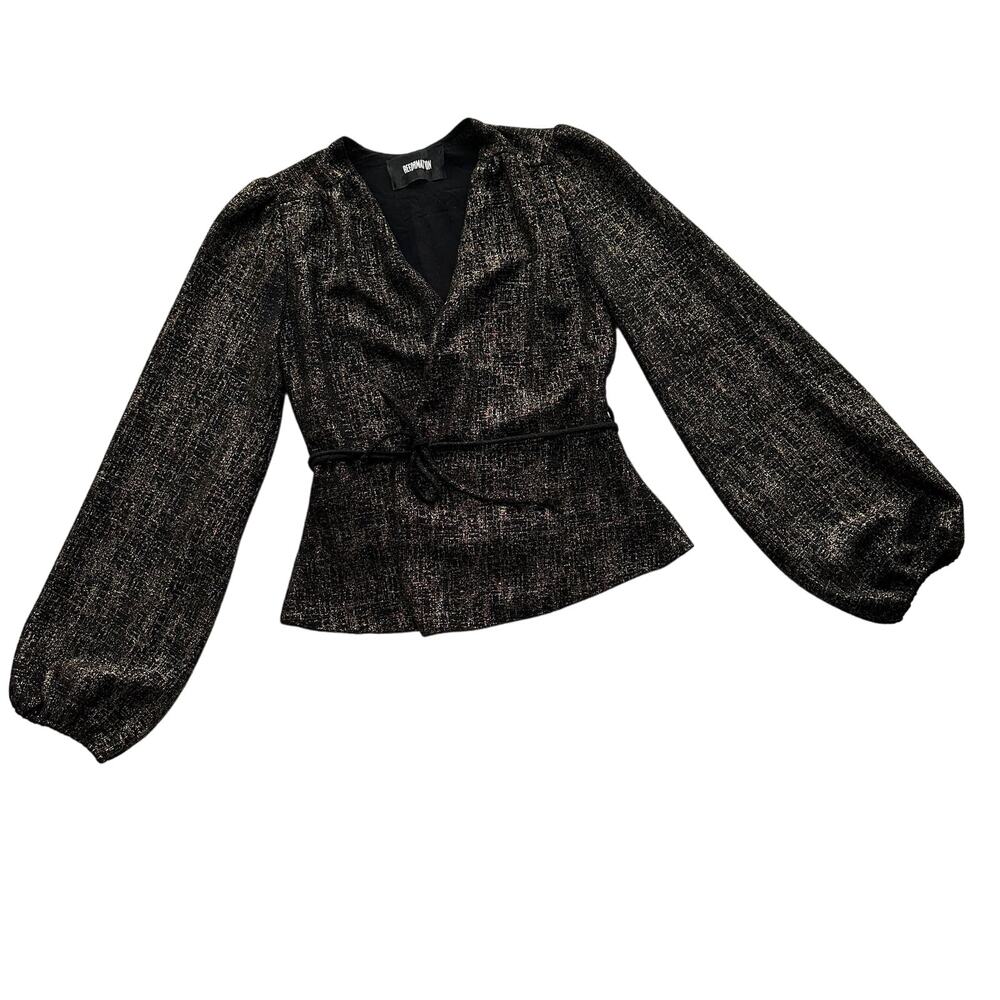 Reformation Balloon Sleeve Lined V Neck Black Gold Shimmer‎ Wrap Blouse Top XS